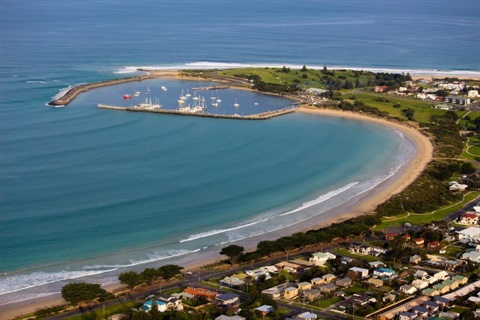 Aerial image of Apollo Bay township and harbour