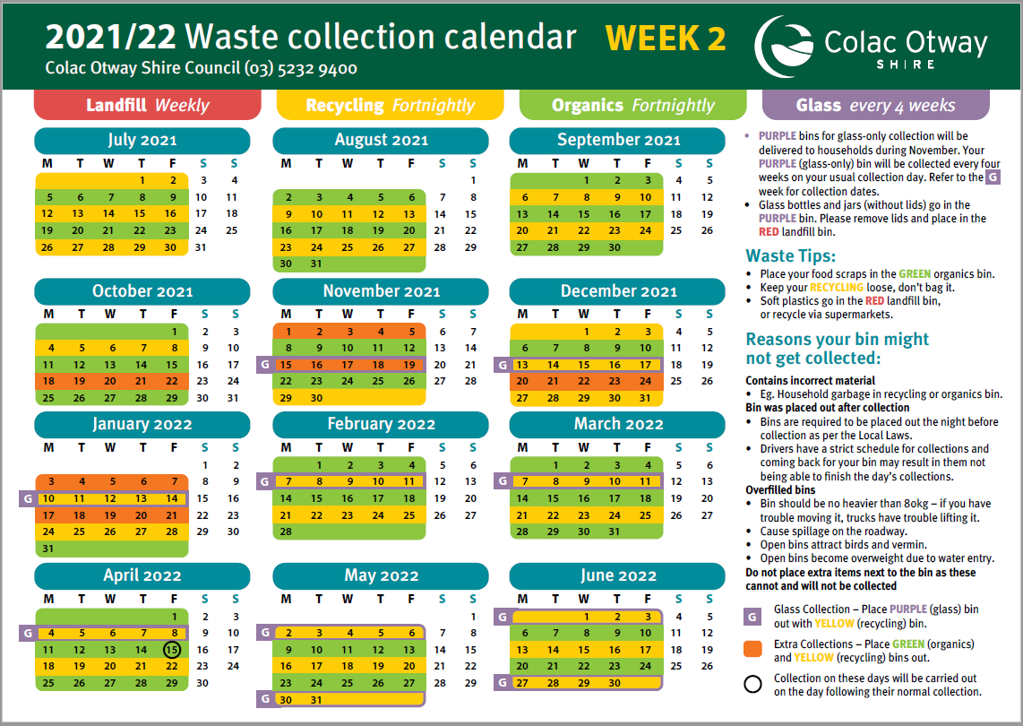 Kerbside Collection Waste, Recycling & Organics Calendars Colac Otway