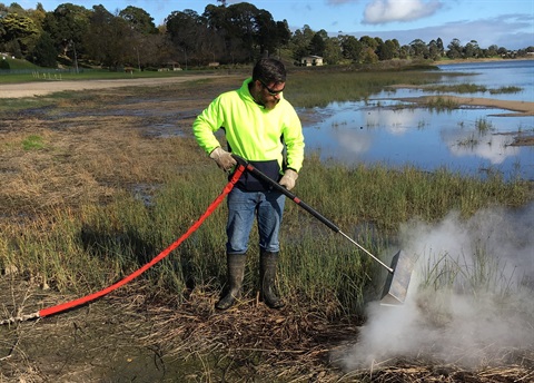 Steam weed control demonstration at Lake Colac web.jpg