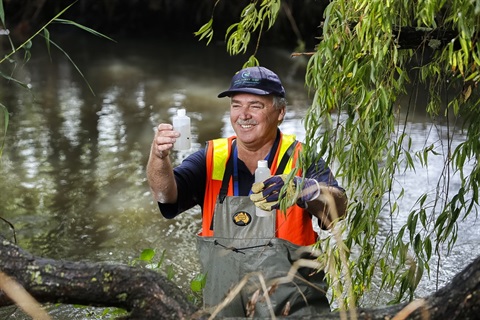 Andy checking water quality in the Barongarook Creek